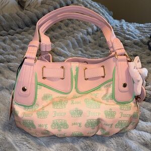 Juicy Couture Pink Mint Crown Print Shoulder Bag Y2K Gold Hardware